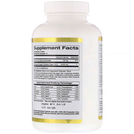 Ben, Kollagentillskott, Fog, Tillskott: California Gold Nutrition, Hydrolyzed Collagen Peptides + Vitamin C, Type 1 & 3, 6,000 mg, 250 Tablets