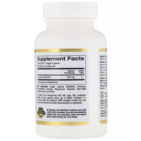 L-Cystein, Aminosyror, Kosttillskott: California Gold Nutrition, L-Cysteine, AjiPure, 500 mg, 60 Veggie Capsules