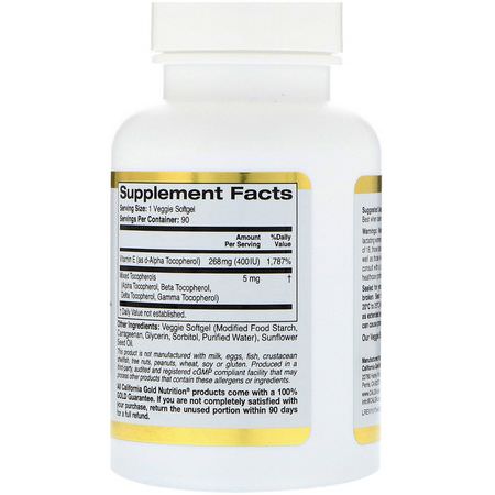 E-Vitamin, Vitaminer, Kosttillskott: California Gold Nutrition, Sunflower Vitamin E, with Mixed Tocopherols, 400 IU, 90 Veggie Softgels