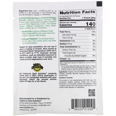 Kollagentillskott, Fog, Ben, Kosttillskott: California Gold Nutrition, Superfoods, Collagen Coconut Creamer, Unsweetened, 0.85 oz (24 g)
