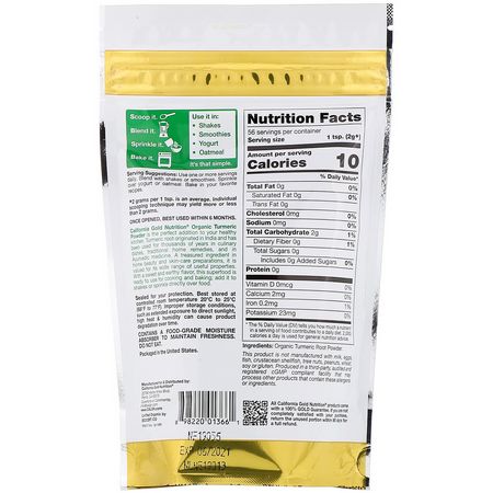 Curcumin, Gurkmeja, Antioxidanter, Kosttillskott: California Gold Nutrition, Superfoods, Organic Turmeric Powder, 4 oz (114 g)