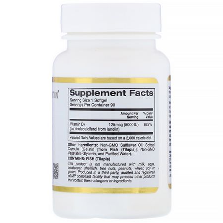 D3 Cholecalciferol, Vitamin D, Vitaminer, Kosttillskott: California Gold Nutrition, Vitamin D3, 125 mcg (5,000 IU), 90 Fish Gelatin Softgels