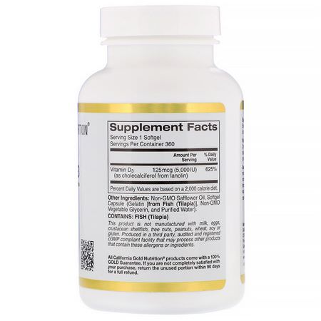 D3 Cholecalciferol, D-Vitamin, Vitaminer, Kosttillskott: California Gold Nutrition, Vitamin D3, 125 mcg (5,000 IU), 360 Fish Gelatin Softgels