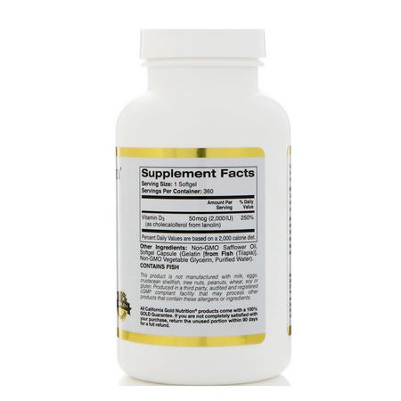D3 Cholecalciferol, Vitamin D, Vitaminer, Kosttillskott: California Gold Nutrition, Vitamin D3, 50 mcg (2000 IU), 360 Fish Gelatin Softgels
