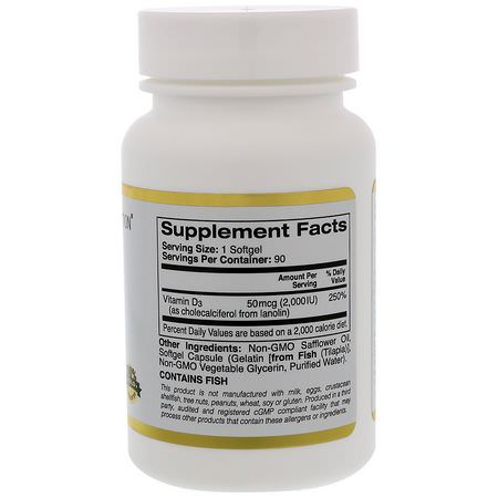 D3 Cholecalciferol, D-Vitamin, Vitaminer, Kosttillskott: California Gold Nutrition, Vitamin D3, 50 mcg (2000 IU), 90 Fish Gelatin Softgels