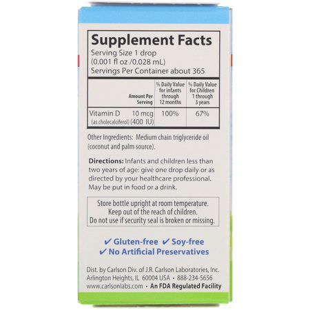 Barns Vitamin D, Barns Hälsa, Barn, Baby: Carlson Labs, Baby's Super Daily D3, 400 IU, 0.35 fl oz (10.3 ml)