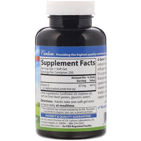 E-Vitamin, Vitaminer, Kosttillskott: Carlson Labs, E-Gems, 100 IU (67 mg), 250 Softgels