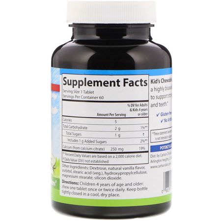 Barnkalcium, Barns Hälsa, Barn, Baby: Carlson Labs, Kid's Chewable Calcium, Natural Vanilla Flavor, 250 mg, 60 Tablets