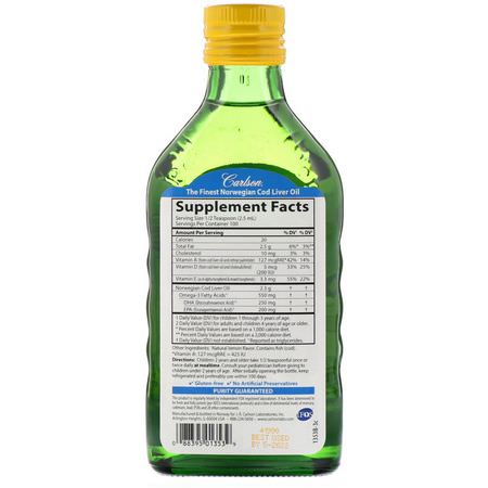 Omega, Barnas Dha, Barns Hälsa, Barn: Carlson Labs, Kid's, Norwegian Cod Liver Oil, Natural Lemon Flavor, 8.4 fl oz (250 ml)