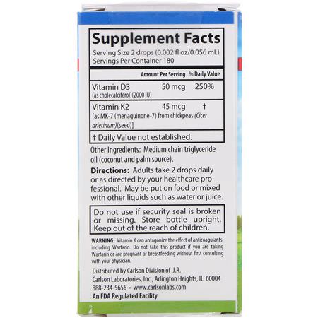 D3 Cholecalciferol, D-Vitamin, Vitaminer, Kosttillskott: Carlson Labs, Liquid Vitamins, Super Daily D3+K2, 50 mcg (2,000 IU) & 45 mcg, 0.34 fl oz (10.16 ml)