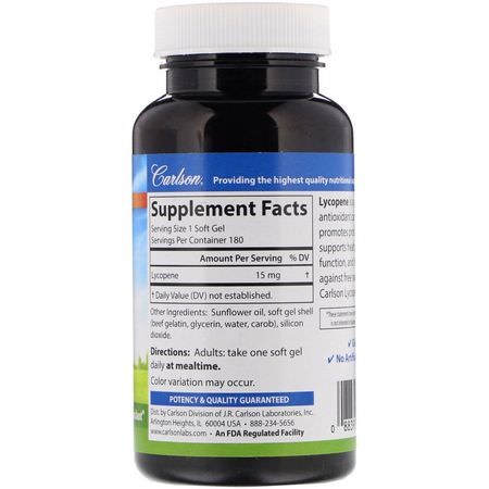 Lycopen, Antioxidanter, Kosttillskott: Carlson Labs, Lycopene, 15 mg, 180 Soft Gels