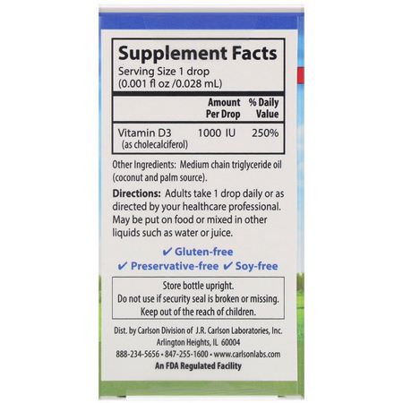 D3 Cholecalciferol, D-Vitamin, Vitaminer, Kosttillskott: Carlson Labs, Super Daily D3, 1,000 IU, 0.35 fl oz (10.3 ml)