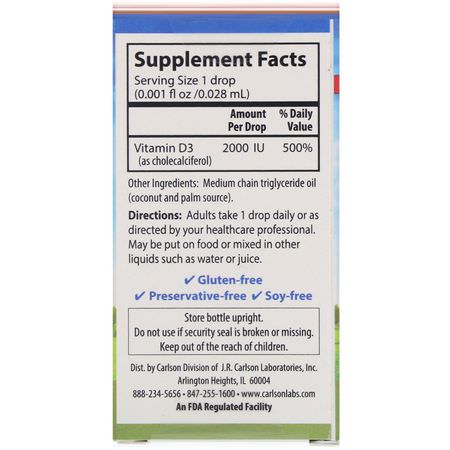 D3 Cholecalciferol, D-Vitamin, Vitaminer, Kosttillskott: Carlson Labs, Super Daily D3, 2,000 IU, 0.35 fl oz (10.3 ml)