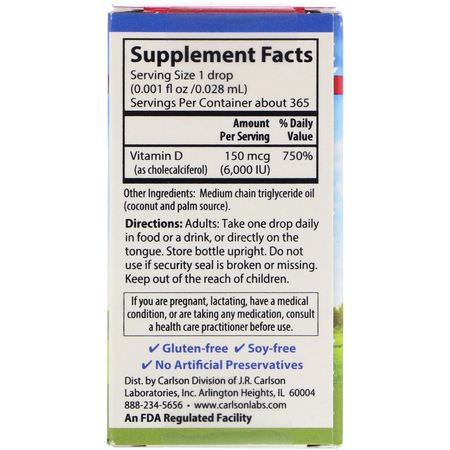 D3 Cholecalciferol, D-Vitamin, Vitaminer, Kosttillskott: Carlson Labs, Super Daily D3, 6,000 IU, 0.35 fl oz (10.3 ml)