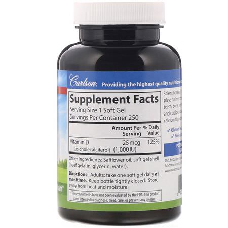 D3 Cholecalciferol, D-Vitamin, Vitaminer, Kosttillskott: Carlson Labs, Vitamin D3, 1,000 IU (25 mcg), 250 Soft Gels