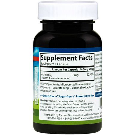 K-Vitamin, Vitaminer, Kosttillskott: Carlson Labs, Vitamin K2, 5 mg, 60 Capsules