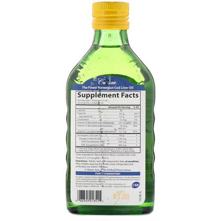Tran, Omegas Epa Dha, Fiskolja, Kosttillskott: Carlson Labs, Wild Norwegian Cod Liver Oil, Natural Lemon Flavor, 1,000 mg, 8.4 fl oz (250 ml)