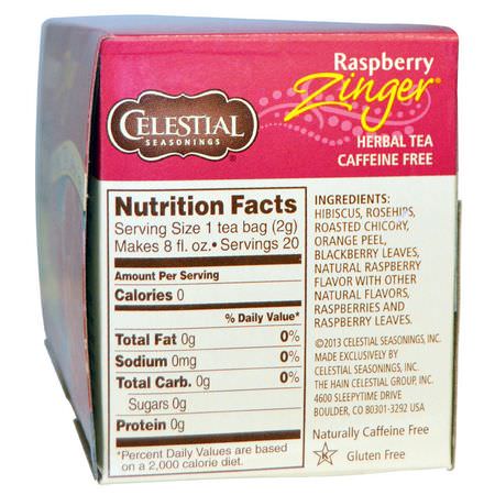 Fruktte, Örtte Te: Celestial Seasonings, Herbal Tea, Caffeine Free, Raspberry Zinger, 20 Tea Bags, 1.6 oz (45 g)