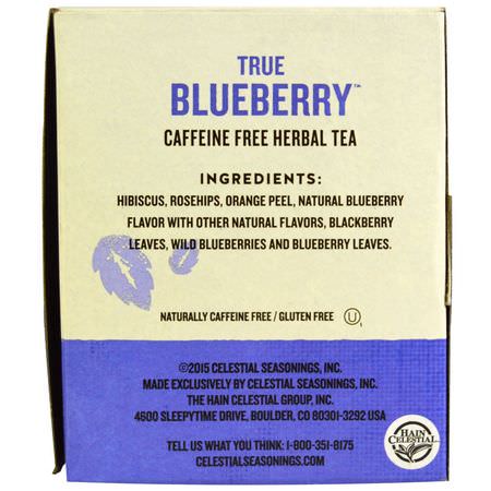 Örtte, Fruktte: Celestial Seasonings, Herbal Tea, Caffeine Free, True Blueberry, 20 Tea Bags, 1.6 oz (45 g)