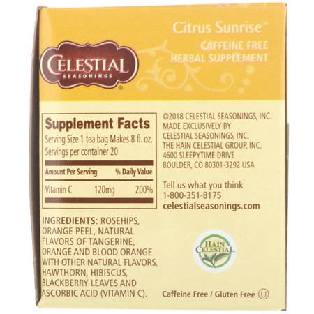 Örtte: Celestial Seasonings, Herbal Tea, Citrus Sunrise, Caffeine Free, 20 Tea Bags, 1.7 oz (47 g)