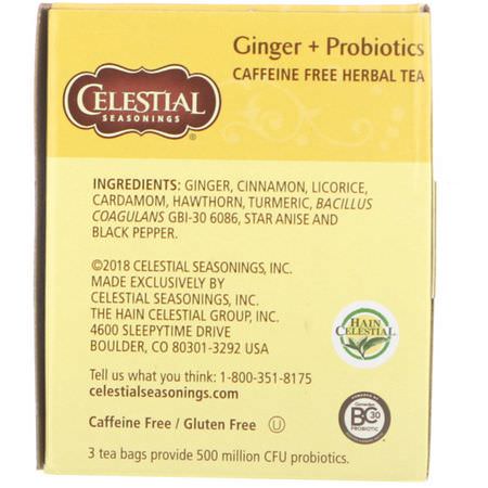 Medicinska Te, Ingefära Te: Celestial Seasonings, Herbal Tea, Ginger + Probiotics, Caffeine Free, 20 Tea Bags, 1.1 oz (31 g)