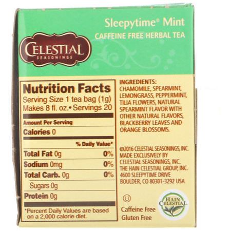 Medicinska Teer, Örtte Te: Celestial Seasonings, Herbal Tea, Sleepytime Mint, Caffeine Free, 20 Tea Bags, 1.0 oz (29 g)