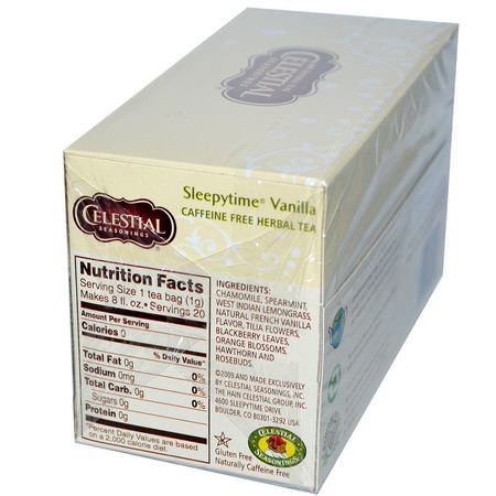 Medicinska Teer, Örtte Te: Celestial Seasonings, Herbal Tea, Sleepytime Vanilla, Caffeine Free, 20 Tea Bags, 1.0 oz (29 g)