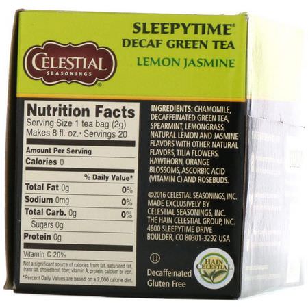 Örtte, Grönt Te: Celestial Seasonings, Sleepytime Green Lemon Jasmine, Decaf, 20 Tea Bags, 1.1 oz (31 g)