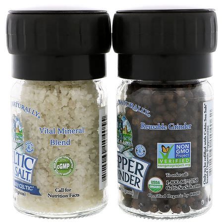 Havssalt, Peppar, Kryddor: Celtic Sea Salt, Mini Mixed Grinder Set, Light Grey Celtic Salt & Pepper Grinder, 2.9 oz (82 g)