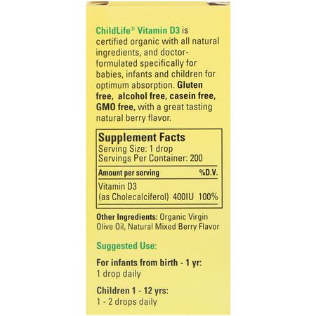 Barns Vitamin D, Barnhälsa, Barn, Baby: ChildLife, Organic Vitamin D3 Drops, Natural Berry Flavor, 400 IU, 0.338 fl oz (10 ml)