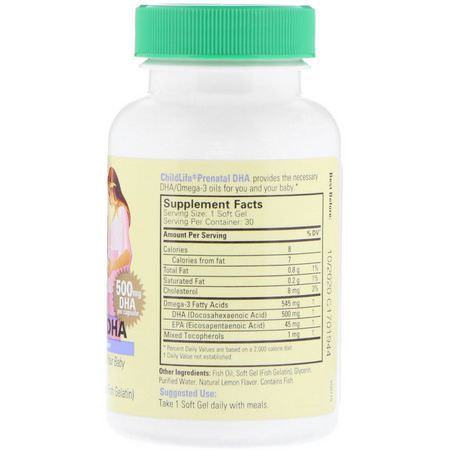 Post-Natal, Pre, Kvinnors Hälsa, Kosttillskott: ChildLife, Prenatal DHA, Natural Lemon Flavor, 500 mg, 30 Soft Gel Capsules