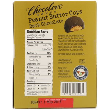 Godis, Choklad: Chocolove, Peanut Butter Cups, Dark Chocolate, 12- 2 Cup Packs, 1.2 oz (34 g) Each