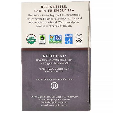 Black Tea, Earl Grey Tea: Choice Organic Teas, Organic Decaffeinated Earl Grey, Decaf Black Tea, 16 Tea Bags, 1.12 oz (32 g)