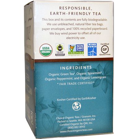 Grönt Te: Choice Organic Teas, Green Tea, Organic, Green Moroccan Mint, 16 Tea Bags, .8 oz (24 g)