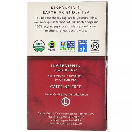 Örtte, Rooibostte: Choice Organic Teas, Herbal Tea, Organic, Rooibos, Caffeine-Free, 16 Tea Bags, 1.12 oz (32 g)