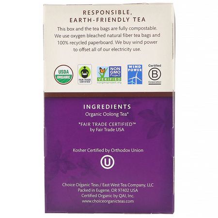 Oolong Te: Choice Organic Teas, Oolong Tea, Organic Oolong, 16 Tea Bags, 1.1 oz (32 g)
