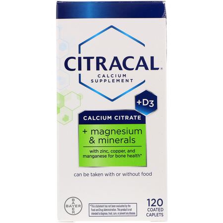 Kalcium Plus Vitamin D, Kalcium, Mineraler, Kosttillskott: Citracal, Calcium Citrate, + Magnesium & Minerals, +D3, 120 Coated Caplets