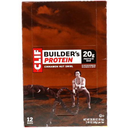 Sojaproteinbarer, Proteinbarer, Brownies, Kakor: Clif Bar, Builder's Protein Bar, Cinnamon Nut Swirl, 12 Bars, 2.40 oz (68 g) Each