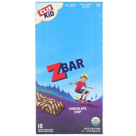 Snackbarer, Näringsstänger: Clif Bar, Clif Kid, Organic Z Bar, Chocolate Chip, 18 Bars, 1.27 oz (36 g) Each