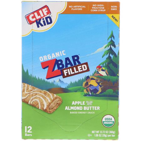 Fingermat, Barer, Mellanmål, Barnmatning: Clif Bar, Clif Kid, Organic ZBar Filled, Apple Filled with Almond Butter, 12 Bars, 1.06 oz (30 g) Each