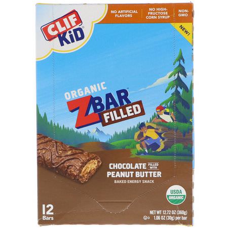 Fingermat, Barer, Mellanmål, Barnmatning: Clif Bar, Clif Kid, Organic Zbar Filled, Chocolate Filled with Peanut Butter, 12 Bars, 1.06 oz (30 g) Each