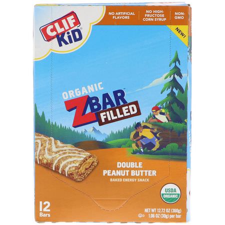 Fingermat, Barer, Mellanmål, Barnmatning: Clif Bar, Clif Kid, Organic ZBar Filled, Double Peanut Butter, 12 Bars, 1.06 oz (30 g) Each