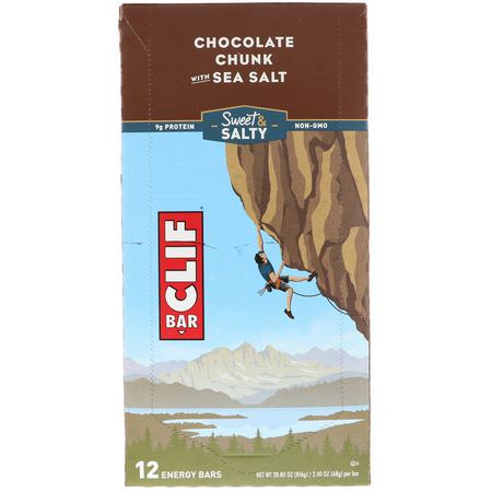 Energibarer, Sportbarer, Brownies, Kakor: Clif Bar, Energy Bars, Chocolate Chunk with Sea Salt, 12 Bars, 2.40 oz (68 g) Each