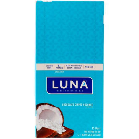 Näringsstänger: Clif Bar, Luna, Whole Nutrition Bar for Women, Chocolate Dipped Coconut, 15 Bars, 1.69 oz (48 g) Each
