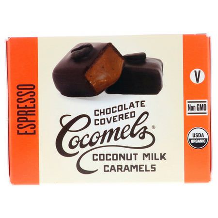 Godis, Choklad: Cocomels, Organic, Chocolate Covered Coconut Milk Caramels, Espresso, 15 Units, 1 oz (28 g) Each