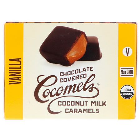 Godis, Choklad: Cocomels, Organic, Chocolate Covered Coconut Milk Caramels, Vanilla, 15 Units, 1 oz (28 g) Each
