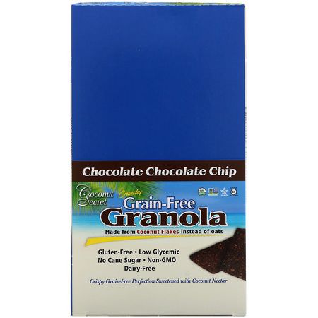 Snack Bars: Coconut Secret, Crunchy Grain Free Granola Bar, Chocolate Chocolate Chip, 12 Bars, 1.2 oz (34 g) Each