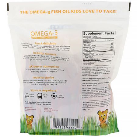 Omega, Barnas Dha, Barns Hälsa, Barn: Coromega, Omega-3, Tropical Orange + Vitamin D for Kids, 120 Squeeze Shots