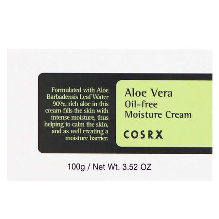 Aloe Vera-Hudvård, Hudbehandling, K-Beauty-Fuktighetskräm, Krämer: Cosrx, Aloe Vera Oil-Free Moisture Cream, 3.52 oz (100 g)