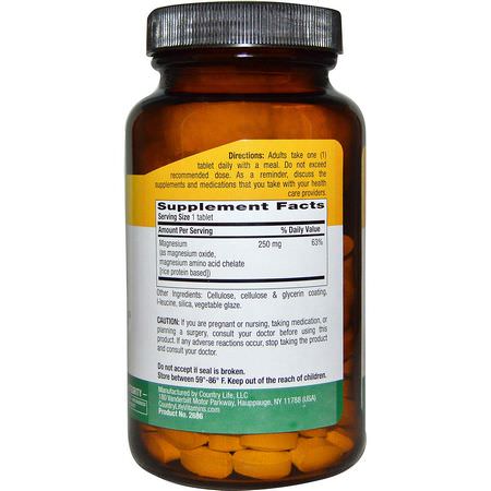 Magnesium, Mineraler, Kosttillskott: Country Life, Chelated Magnesium, 250 mg, 180 Tablets